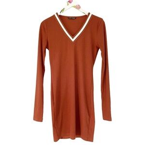SHEIN Women's Dress V Collar Mini Sweater Dress Academia Burnt Orange Small